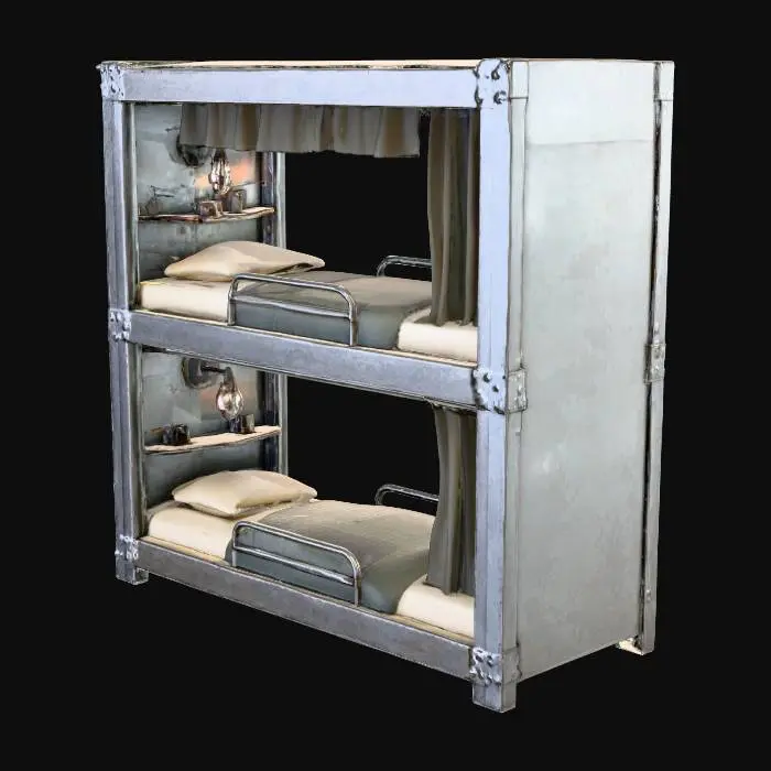 3D model for 1930s airship bunk beds, two-tier steel frame with riveted edges, canvas mattress with thin wool blanket and pillow, wall-mounted reading lamp, small shelf and curtain for privacy, vintage utilitarian design, soft warm lighting, metallic texture with slight wear.
