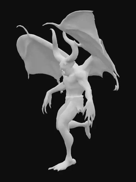 3D model for a red demon with red skin and long black nails breaking thru a shadow wall entering earth tearing apart humans with his claws and powerful hands flying in the air battling warships  