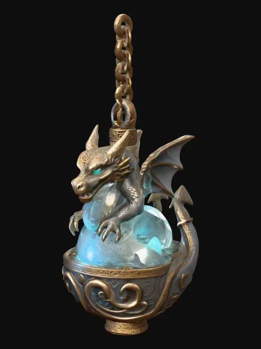 3D model for Detailed 3D model of an ancient mystical amulet shaped like a small dragon curled around a glowing crystal, carved stone and bronze elements, ornate runic patterns, soft inner light, fantasy-mythology aesthetic, AR-ready, clean mesh, PBR texturing. no fon, no head and neck