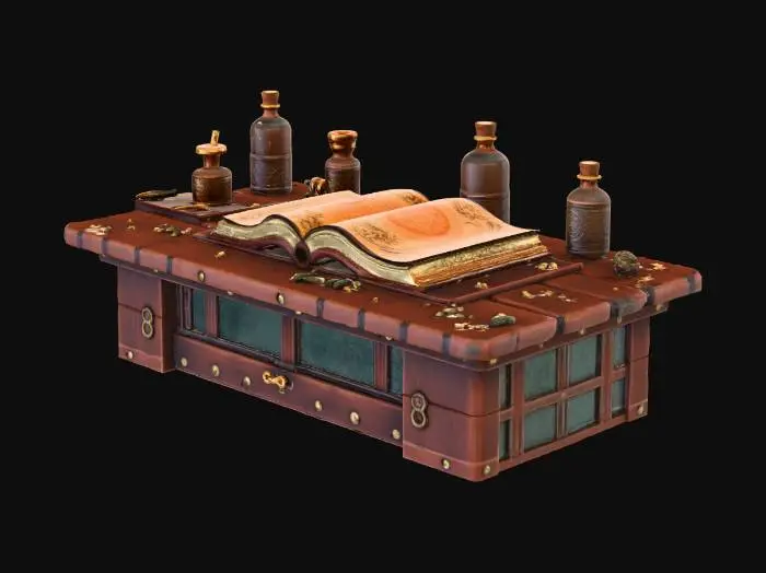 3D model for 一个魔法工作台上放这许多魔法药剂和魔法书，