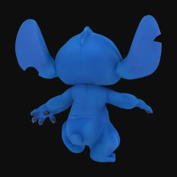 3D model for A highly detailed, stylized 3D model of Stitch, the blue alien from Disney’s Lilo & Stitch. Features include vibrant blue fur with lighter chest and tummy, oversized floppy ears (purple inner sides), round black eyes with white shine, expressive eyebrows, a wide friendly smile with visible teeth, small clawed fingers and toes, and a compact, slightly chubby body. The character should be in a neutral T-pose for rigging, ready for animation. Cartoon style, clean and vivid colors, game-ready, low poly (optimal for real-time use), clean UV maps, and separated mesh for possible animation. Render in good studio lighting with no background.