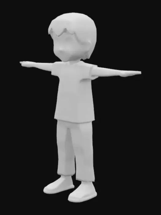 3D model for a flat shaded, 256 color palette, kid t-posed with a solid red shirt and solid blue jeans and solid white sneakers, pisel art style