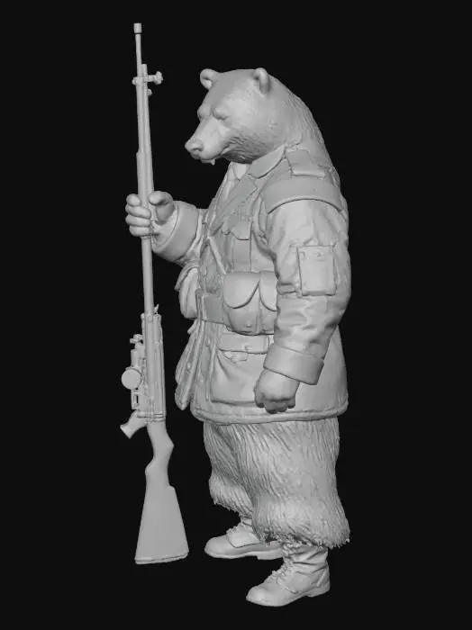 3D model for A highly-detailed, professional 3D miniature action figure of a Russian symbolic white bear. The bear wears a complete, authentic military uniform with intricate textures, carrying a realistic weapon. Prominently featured are Russian flag decorations, emphasizing its national icon status. The overall style is realistic and powerful.
