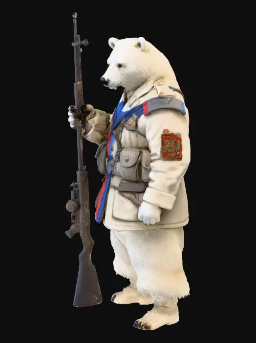 3D model for A highly-detailed, professional 3D miniature action figure of a Russian symbolic white bear. The bear wears a complete, authentic military uniform with intricate textures, carrying a realistic weapon. Prominently featured are Russian flag decorations, emphasizing its national icon status. The overall style is realistic and powerful.