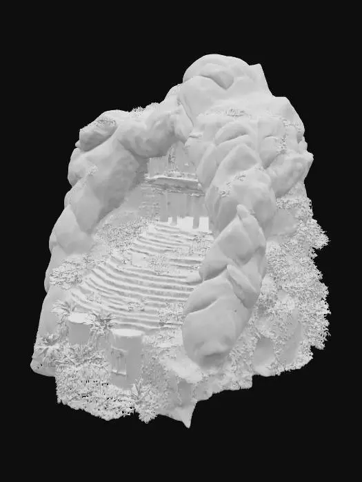 3D model for A forgotten temple like steps like round on the mountain . There is big moun tain . Space inside for idol