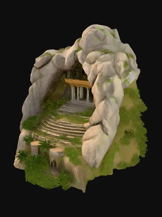3D model for A forgotten temple like steps like round on the mountain . There is big moun tain . Space inside for idol