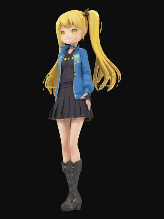 3D model for Аниме, стиль между Сейлор Мун и Персона 5. Высокая девушка блондинка, два хвостика, в черной аниме школьной форме, заколочки в виде звезд, высокие сапоги на каблуках. Светлая кожа, желтые глаза, улыбчивое лицо. Милая. Голубые и желтые акценты в одежде, на плечах голубая спортивная кофта. На юбке по колено пояс со звездами. Ободок в виде ленточки на голове. На одной руке перчатка без пальцев. На шее кулон в виде звезды