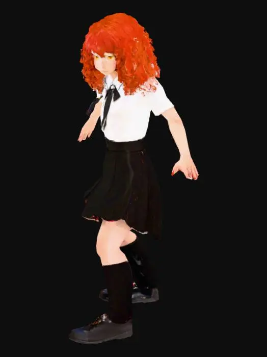 3D model for стиль Персона 5. Т-поза. Высокая девушка с выразительным и серьезным выражением лица. Красные кудрявые волосы длиной по лопатки. Кожа светлая. Глаза — ярко-желтые, узкие и выразительные. Одежда классическая школьная форма: черная жакетная куртка с белыми акцентами и белой отделкой по краям, белая блузка под ней, длинная юбка в пол из легкого материала, создающая элегантный силуэт. Юбка должна быть свободной и струящейся. На ногах — черные туфли на каблуках с блестящими деталями.

Аксессуары — на шее кулон в виде небольшого символа или амулета, добавляющего индивидуальности образу. В одежде присутствуют белые акценты (например, воротник или манжеты), создающие контраст с черным костюмом.
Общий стиль — серьезный и немного мрачноватый, с акцентом на выразительность персонажа