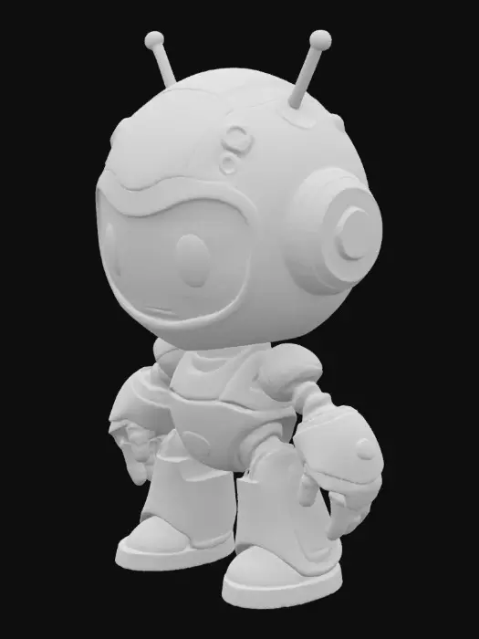 3D model for The object is a small, cartoonish robot with a rounded form, smooth metallic texture, antennae, and glowing blue circular eyes., The object is a small, The object is a small, humanoid robot with a round head, smooth metallic surface, and an anthropomorphic design featuring jointed limbs and antennae.