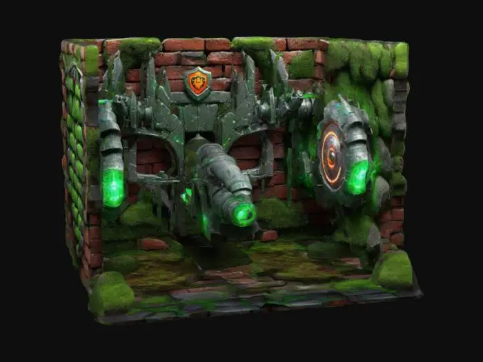 3D model for mid-evil, brick wall with brick cannon and mid-evil shield with crystals and neon lasers embed into the wall, large crystals, ultra high detail, cracks at joints & inside edges smoothed, very sharp inside edges, extremely exaggerated details, multiple layers of brick, full size, high detail large, rocks, realistic green moss, futuristic giant gear, mid-evil style, #ChronoForgeWeapon#