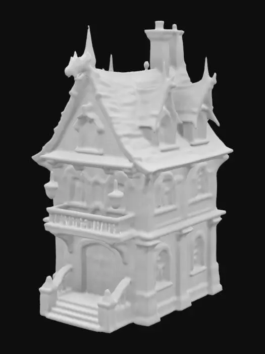 3D model for #ChronoForgeWeapon#, The ChronoForge 3 story brick building with gothic windows on each side ultra high detail, cracks at joints & edges, sharp outside edges, very sharp inside edges, extremely exaggerated small details, multiple layers of large bricks, multiple layers of decorative ledges, proportional, ultra high detail large gargoyles, brick & iron ledges, full color, 90 degree angles at window edges, realistic, Ultra gothic details, Highly Detailed, Fantasy, lanterns & fire, mid-evil gothic