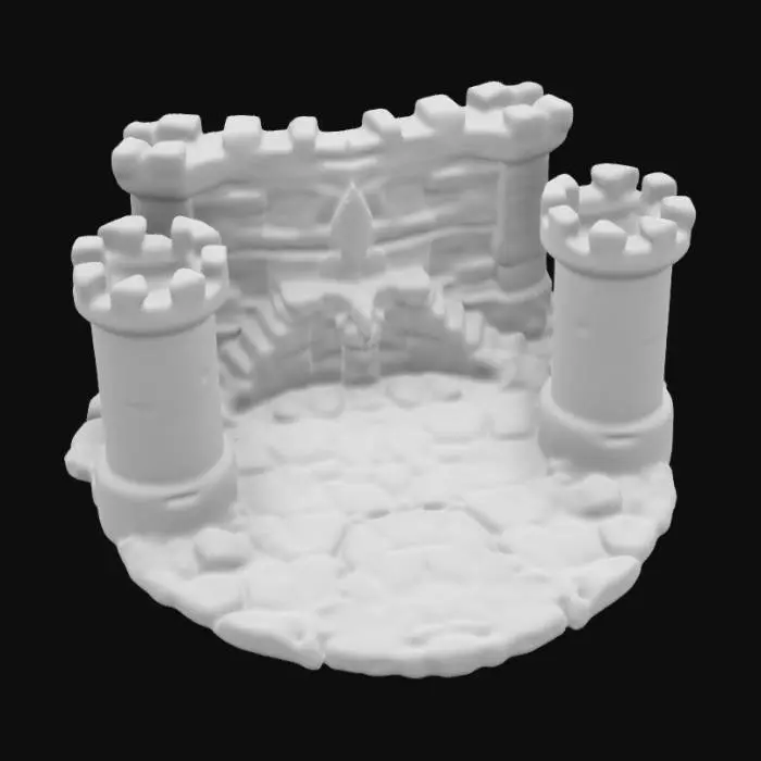 3D model for mid-evil, brick wall with brick cannon and mid-evil shield with crystals and neon lasers embed into the wall, large crystals, ultra high detail, cracks at joints & inside edges smoothed, very sharp inside edges, extremely exaggerated details, multiple layers of brick, full size, high detail large, rocks, realistic green moss, futuristic giant gear, mid-evil style, #ChronoForgeWeapon#