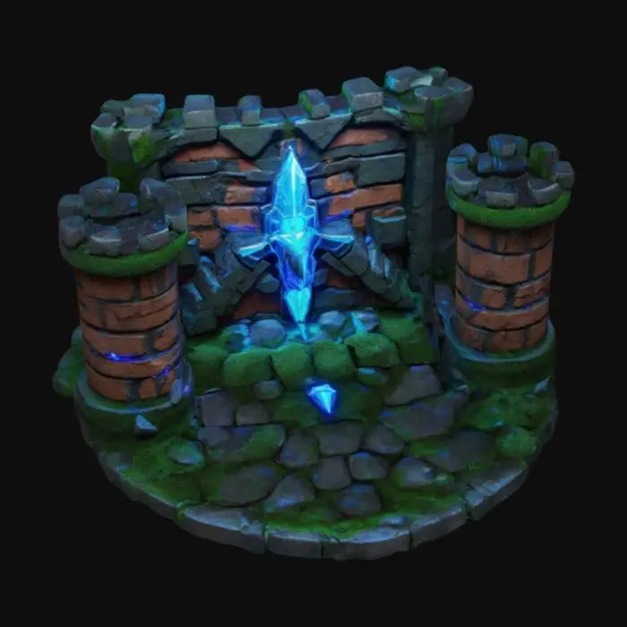3D model for mid-evil, brick wall with brick cannon and mid-evil shield with crystals and neon lasers embed into the wall, large crystals, ultra high detail, cracks at joints & inside edges smoothed, very sharp inside edges, extremely exaggerated details, multiple layers of brick, full size, high detail large, rocks, realistic green moss, futuristic giant gear, mid-evil style, #ChronoForgeWeapon#