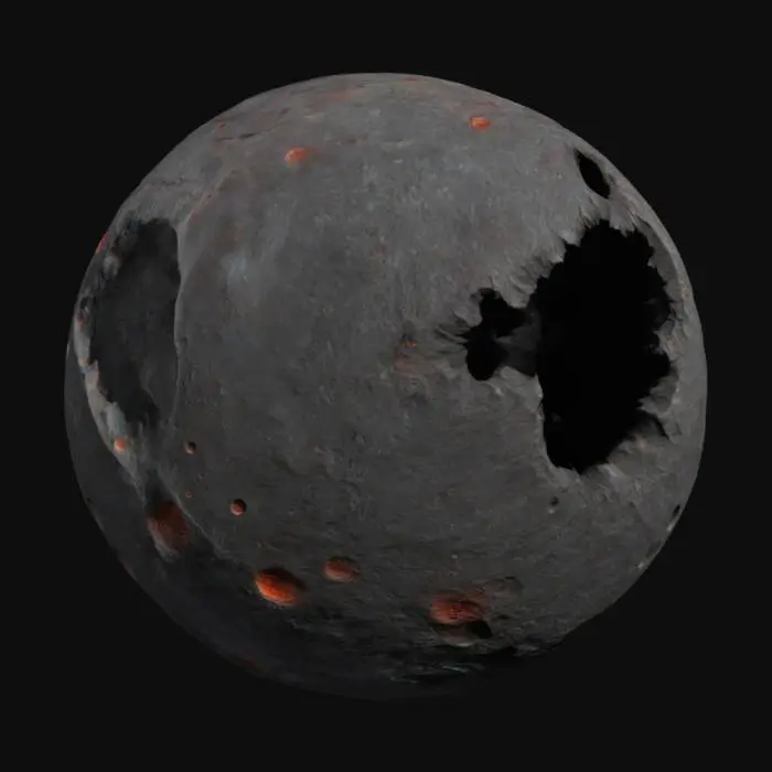 3D model for A moon with extremely deep flower shaped canyons, ultra high detail, deep cracks & deep edges, sharp outside edges, very sharp inside edges, extremely exaggerated small details, multiple large craters, multiple rings around the moon, proportional, 8k details, ultra high detail large boulders, full color, 90 degree angles at crater edges, realistic, Ultra alien details, Highly Detailed, Fantasy, futuristic,
