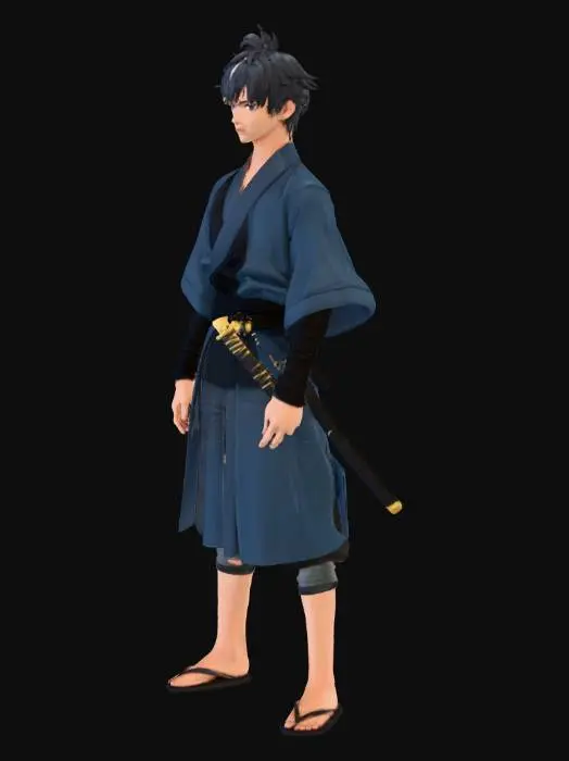 3D model for Lean teenage male swordsman with brown skin, calm and serious expression. Messy black hair with a single white streak, sharp dark eyes. Wearing a dark blue and black haori-style jacket, wrapped forearms, dark combat pants. Subtle scars on hands.