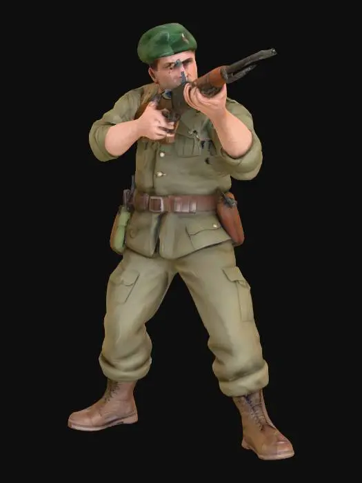 3D model for WWII male british commando character, masterpiece, firing a bren machine gun from the hip position,  realistic Call of Duty WWII style, high resolution, 1940s uniform  wearing brown leather ankle boots, green beret.