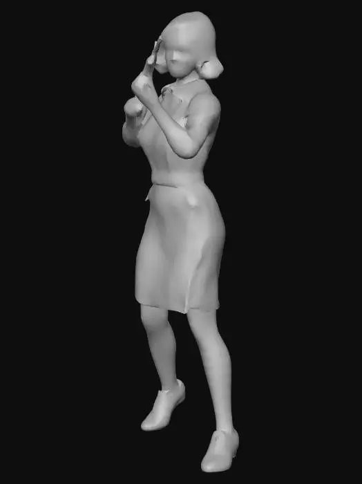 3D model for WWII Female French resistance character, masterpiece, firing  a sten gun, realistic Call of Duty WWII style, high resolution, 1940s hairstyle, wearing brown leather mid-heel T-bar shoes, 1940s hairstyle, light brown hair color, light gray iris color, bare legs, blue and white dress