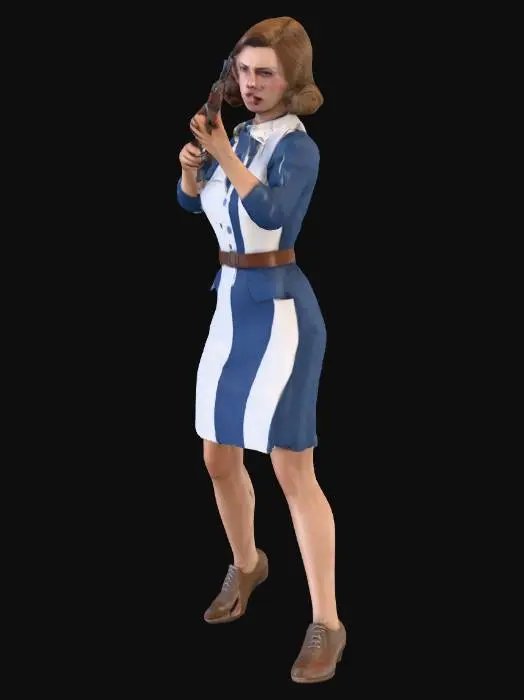 3D model for WWII Female French resistance character, masterpiece, firing  a sten gun, realistic Call of Duty WWII style, high resolution, 1940s hairstyle, wearing brown leather mid-heel T-bar shoes, 1940s hairstyle, light brown hair color, light gray iris color, bare legs, blue and white dress