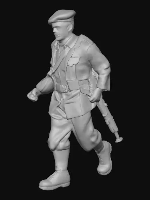 3D model for WW2 male french partisan character, masterpiece, running for cover  across rubble strewn street, carrying a rifle. He is wearing typical 1940's civilian clothes, brown boots, beret, satchel containing grenades