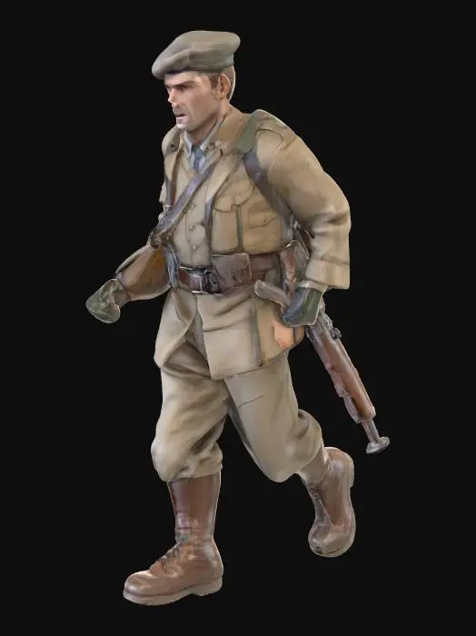 3D model for WW2 male french partisan character, masterpiece, running for cover  across rubble strewn street, carrying a rifle. He is wearing typical 1940's civilian clothes, brown boots, beret, satchel containing grenades