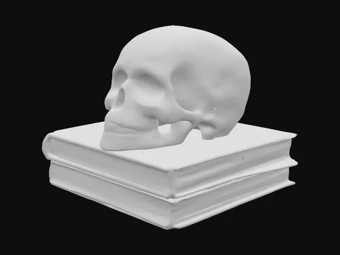 3D model for carved dark pewter Skull on top of old books highly detailed