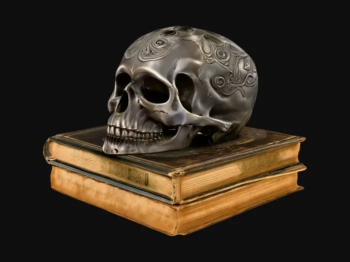 3D model for carved dark pewter Skull on top of old books highly detailed