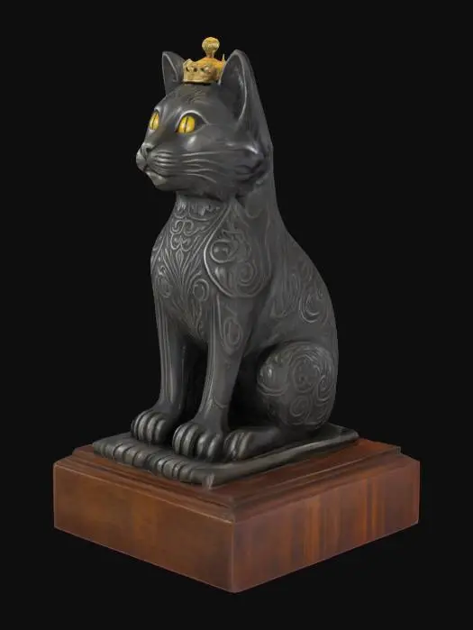 3D model for carved dark pewter statue of a beautiful cat with a crown. Highly detailed and ornate, on a stand
