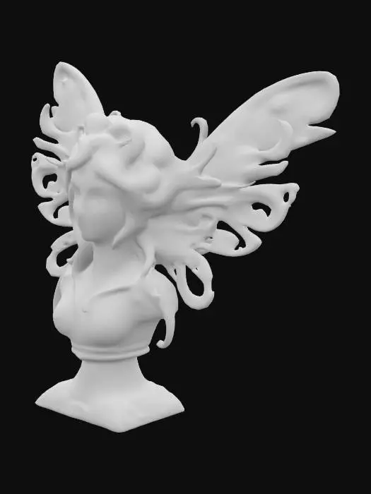 3D model for carved dark pewter bust of a beautiful fairy with wings. Highly detailed and ornate.