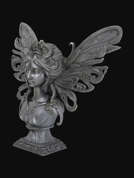 3D model for carved dark pewter bust of a beautiful fairy with wings. Highly detailed and ornate.