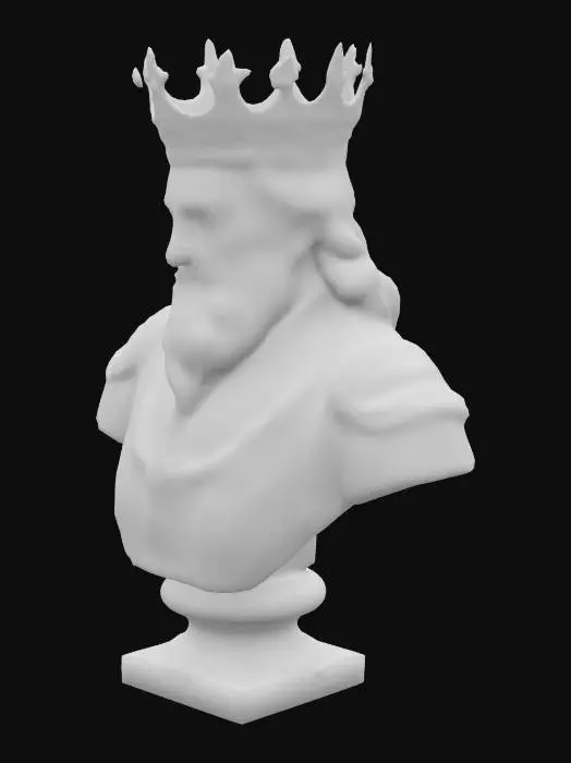 3D model for carved dark pewter bust of a beautiful Prince with a crown. Highly detailed and ornate, on a stand
