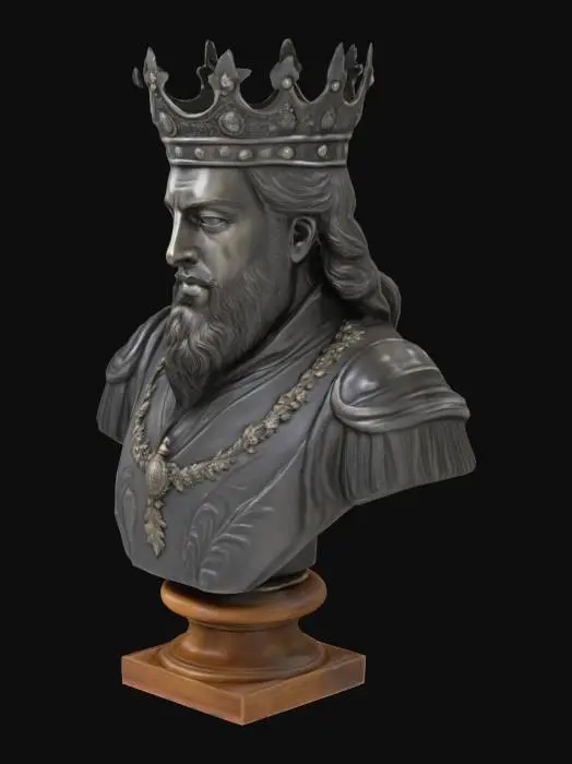 3D model for carved dark pewter bust of a beautiful Prince with a crown. Highly detailed and ornate, on a stand
