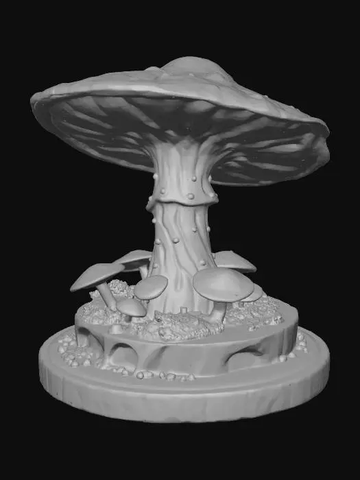3D model for Beautiful fantasy mushroom , huge with tiny ones around it, Neon purple and teal colors lighting up the mushroom all over, High detail with beautiful colors on top a wooden stand
