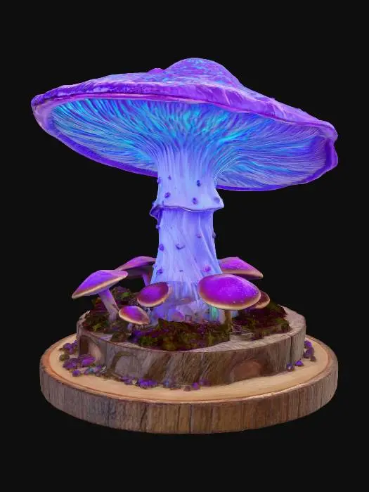 3D model for Beautiful fantasy mushroom , huge with tiny ones around it, Neon purple and teal colors lighting up the mushroom all over, High detail with beautiful colors on top a wooden stand
