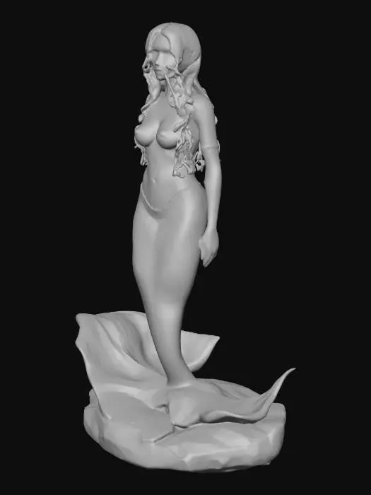 3D model for carved dark pewter of a beautiful high detailed mermaid sitting on a rock
