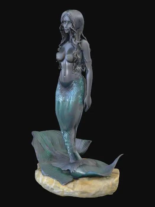 3D model for carved dark pewter of a beautiful high detailed mermaid sitting on a rock