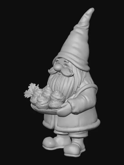 3D model for A clipart of a gnome carrying a stack of cinnamon rolls dripping with icing and holly décor, on a solid white background. Highly detailed, vibrant colors, 3D digital illustration, premium quality, warm festive lighting, soft shadows, clean edges, no background clutter, cinematic portrait lighting, ultra-detailed, 8k resolution, #Christmas2025#