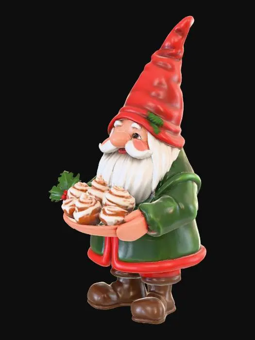 3D model for A clipart of a gnome carrying a stack of cinnamon rolls dripping with icing and holly décor, on a solid white background. Highly detailed, vibrant colors, 3D digital illustration, premium quality, warm festive lighting, soft shadows, clean edges, no background clutter, cinematic portrait lighting, ultra-detailed, 8k resolution, #Christmas2025#
