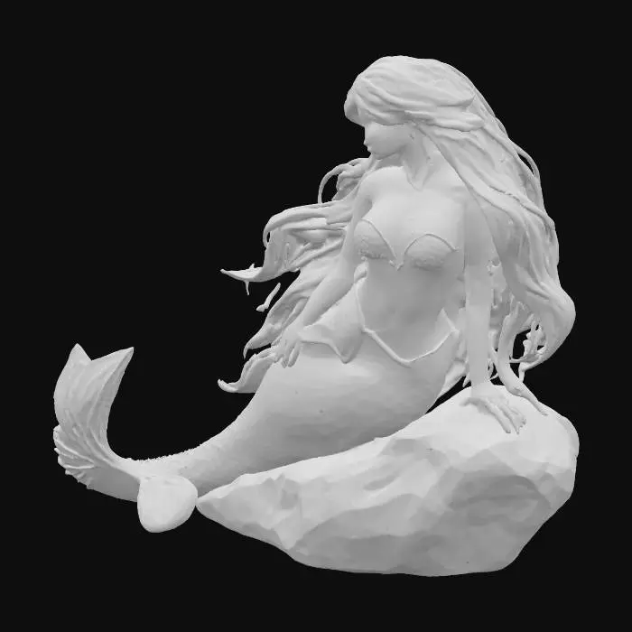 3D model for carved dark pewter of a beautiful high detailed mermaid sitting on a rock