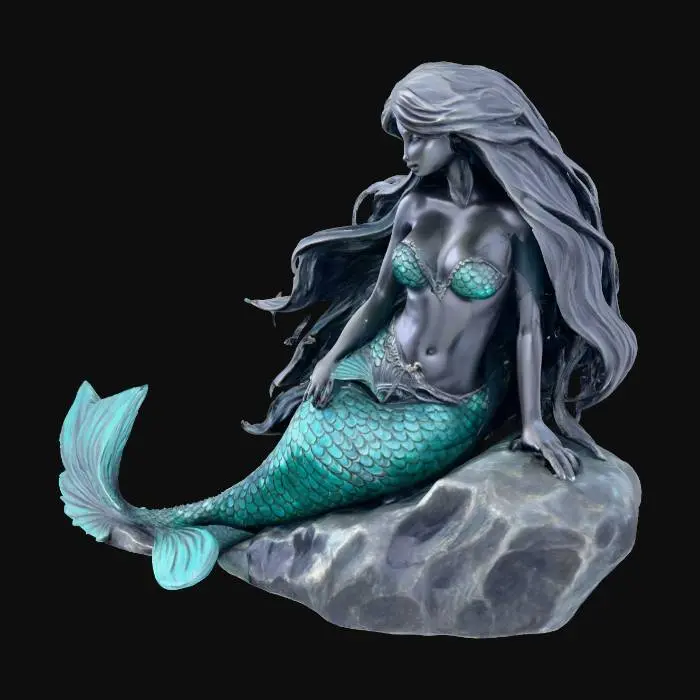 3D model for carved dark pewter of a beautiful high detailed mermaid sitting on a rock