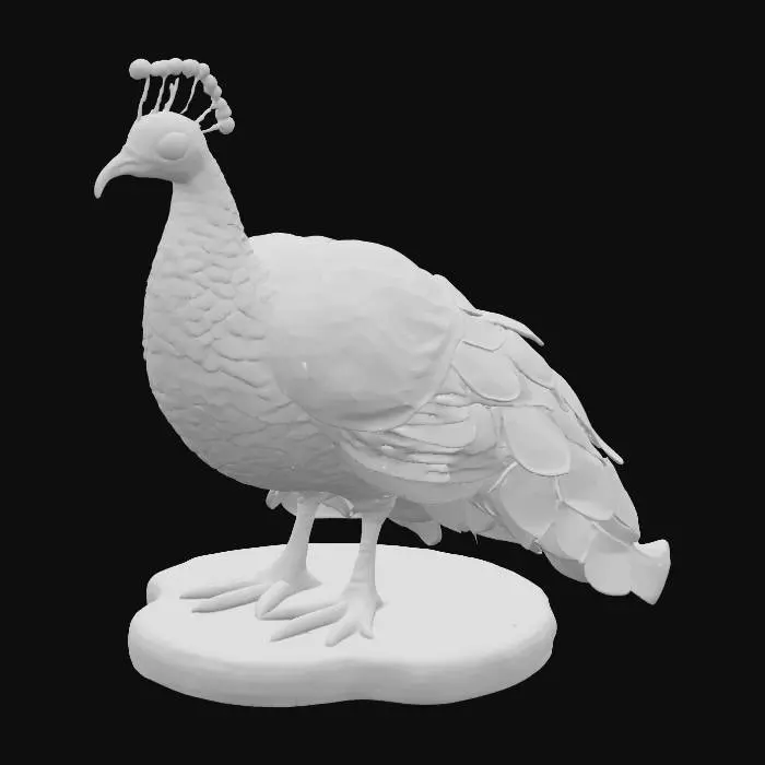 3D model for carved dark pewter of a beautiful high detailed peacock with a wooden base
