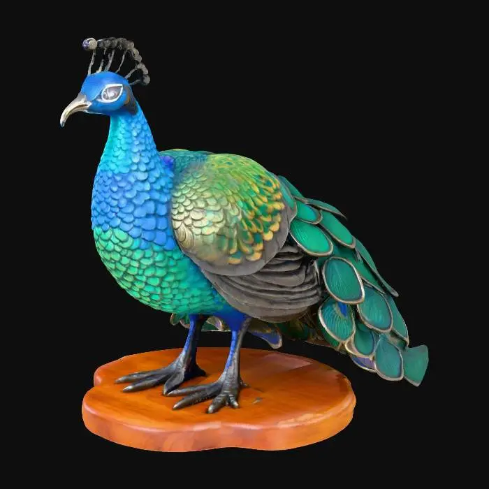 3D model for carved dark pewter of a beautiful high detailed peacock with a wooden base
