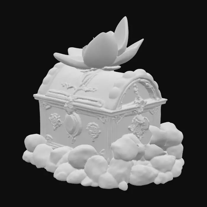 3D model for A treasure chest made of platinum, with a huge flower made of a red gemstone embedded in the chest, emitting a red light effect. The box is wrapped in silver white crystal material, with dragon claws engraved on it. It is a luxurious treasure box with equipment icons, black background, medieval style, soul style, side view, and top lighting