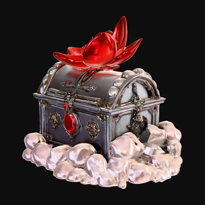 3D model for A treasure chest made of platinum, with a huge flower made of a red gemstone embedded in the chest, emitting a red light effect. The box is wrapped in silver white crystal material, with dragon claws engraved on it. It is a luxurious treasure box with equipment icons, black background, medieval style, soul style, side view, and top lighting
