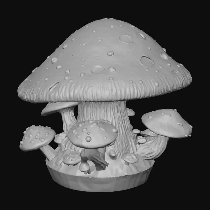 3D model for Beautiful fantasy mushroom , huge with tiny ones around it, Neon purple and teal colors lighting up the mushroom all over, High detail with beautiful colors on top a wooden stand
