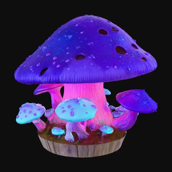 3D model for Beautiful fantasy mushroom , huge with tiny ones around it, Neon purple and teal colors lighting up the mushroom all over, High detail with beautiful colors on top a wooden stand

