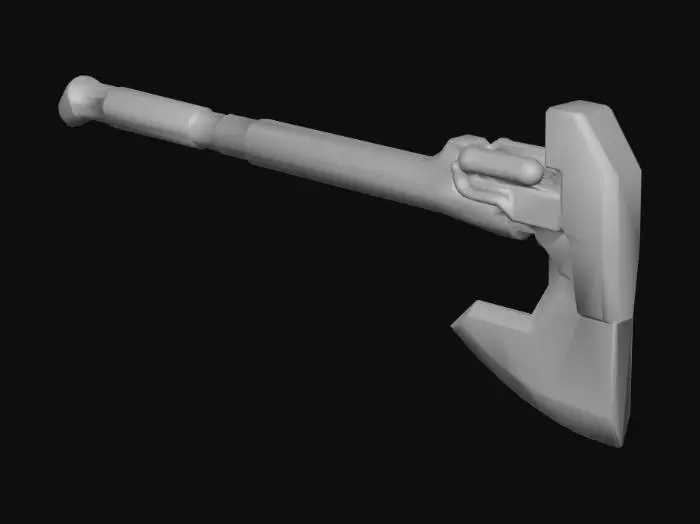 3D model for Futuristic two-handed sci-fi battle axe in clean side profile, isolated on white. Heavy industrial steel axe head with visible weathering, scratches, and reinforced geometry. Forward-facing pneumatic vent slits built into the blade for impact bursts. Integrated digital module and tubing near the head. Long carbon-fiber composite handle with red warning bands and padded soft-grip sections for recoil damping. Thick, sturdy shaft with a reinforced angled pommel for balance and striking. High-tech, brutal, and utilitarian.