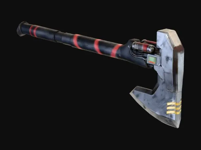 3D model for Futuristic two-handed sci-fi battle axe in clean side profile, isolated on white. Heavy industrial steel axe head with visible weathering, scratches, and reinforced geometry. Forward-facing pneumatic vent slits built into the blade for impact bursts. Integrated digital module and tubing near the head. Long carbon-fiber composite handle with red warning bands and padded soft-grip sections for recoil damping. Thick, sturdy shaft with a reinforced angled pommel for balance and striking. High-tech, brutal, and utilitarian.