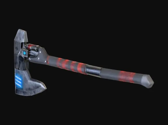 3D model for Futuristic two-handed sci-fi battle axe in clean side profile, isolated on white. Heavy industrial steel axe head with visible weathering, scratches, and reinforced geometry. Forward-facing pneumatic vent slits built into the blade for impact bursts. Integrated digital module and tubing near the head. Long carbon-fiber composite handle with red warning bands and padded soft-grip sections for recoil damping. Thick, sturdy shaft with a reinforced angled pommel for balance and striking. High-tech, brutal, and utilitarian.