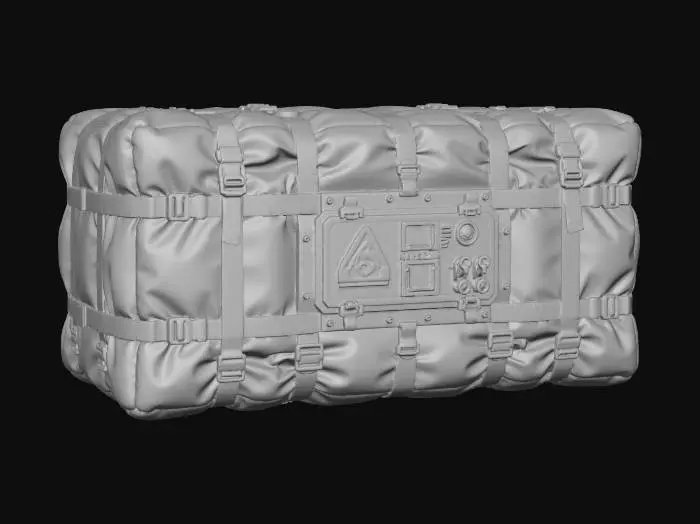 3D model for Large futuristic sci-fi cargo package wrapped in thick, soft, insulated padding designed to absorb impact and cushion falls. Outer material is dark gray-black fabric with a subtle hexagonal pattern, slightly wrinkled and compressed, showing soft structure and resilience. Multiple heavy-duty straps wrap around the cargo, colored semi-high-visibility red with metal buckles and tensioners. A hard industrial control and labeling panel is mounted on the long forward-facing side, featuring a hazard symbol, small screens, and mechanical latches. The package should feel heavy but soft-shelled, suitable for heat, cold, and shock protection. Top-lit studio lighting, isolated on white background, ultra-detailed textures, no environment.