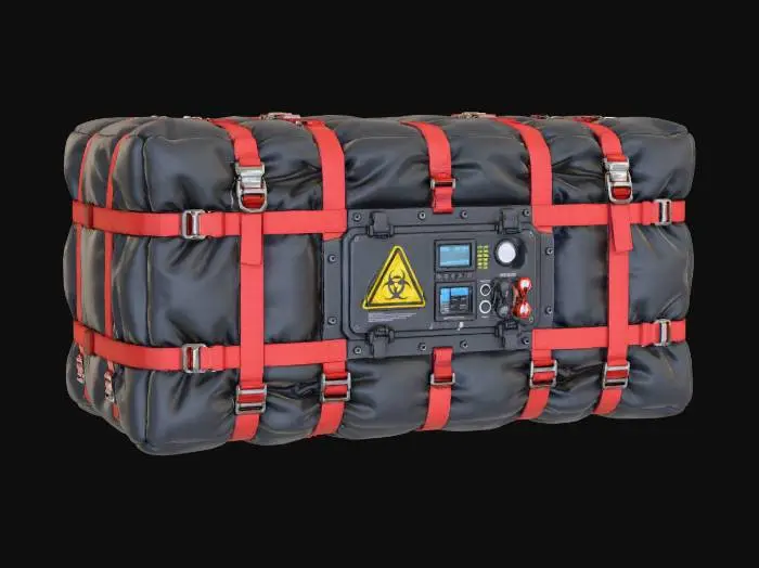 3D model for Large futuristic sci-fi cargo package wrapped in thick, soft, insulated padding designed to absorb impact and cushion falls. Outer material is dark gray-black fabric with a subtle hexagonal pattern, slightly wrinkled and compressed, showing soft structure and resilience. Multiple heavy-duty straps wrap around the cargo, colored semi-high-visibility red with metal buckles and tensioners. A hard industrial control and labeling panel is mounted on the long forward-facing side, featuring a hazard symbol, small screens, and mechanical latches. The package should feel heavy but soft-shelled, suitable for heat, cold, and shock protection. Top-lit studio lighting, isolated on white background, ultra-detailed textures, no environment.